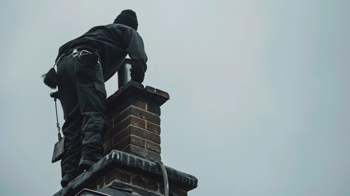 Chimney sweep technician scaling brick chimney — Village Hearth Fairfield